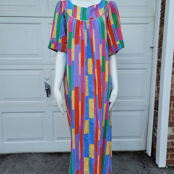 Rainbow Stripe 1970s Handmade House Dress Caftan Muu-Muu Full Length - Picture 1 of 12